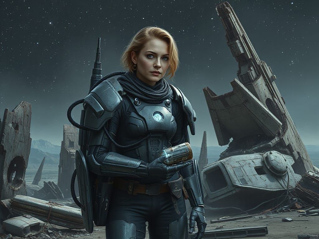 Woman in Exoskeleton Amidst Spaceship Ruins