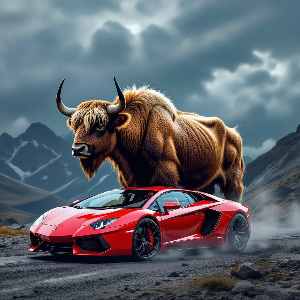 Surreal Yak Lamborghini Hybrid on Mountain Pass