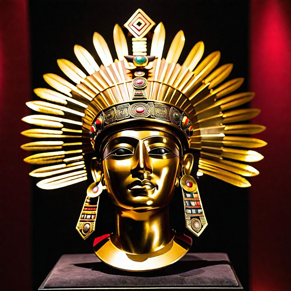 The Aztec Gold crown and Gold breastplate is mounted for prominent display in the Museum of Aztec Treasures.