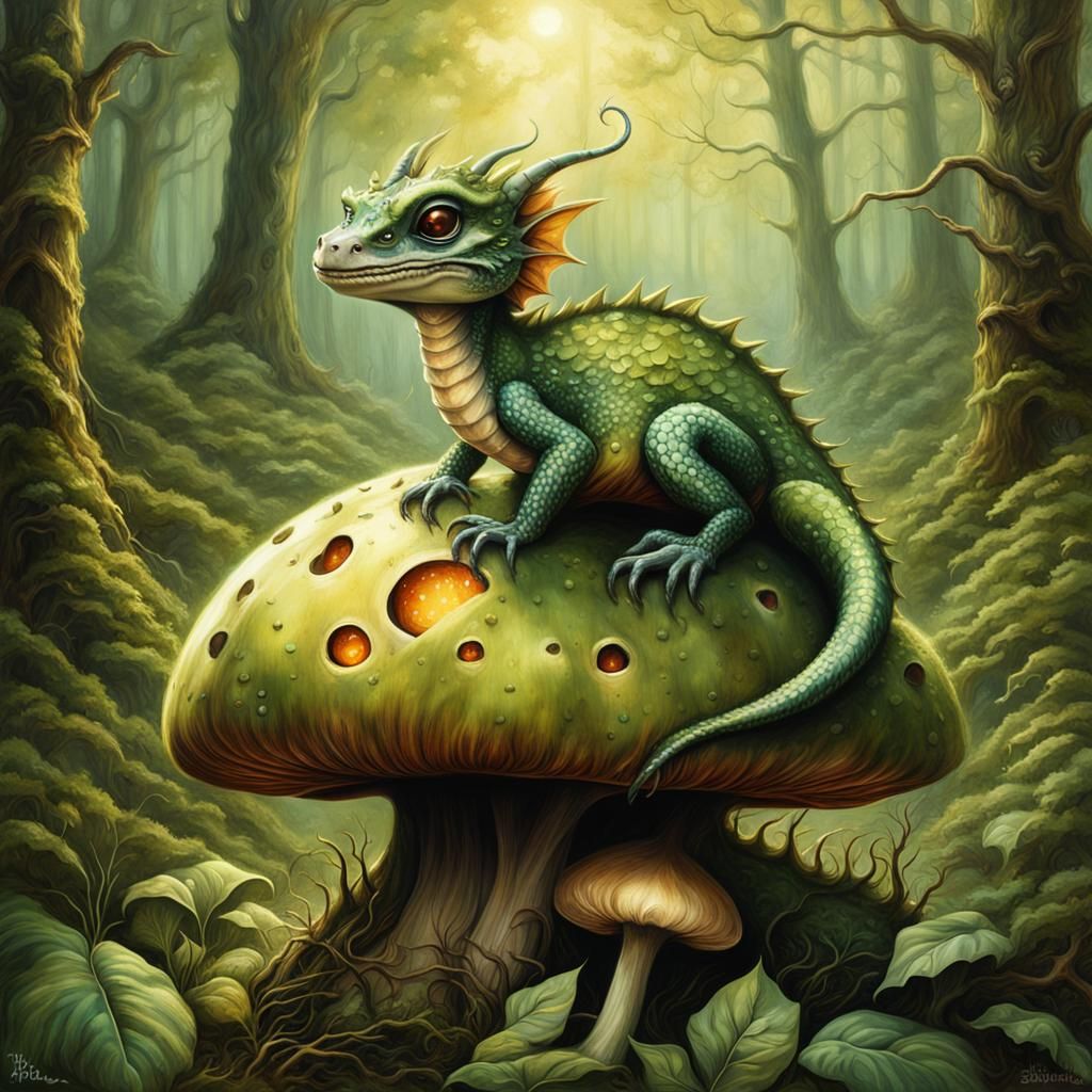 Whimsical Dragon Hatchling in Dreamlike Forest