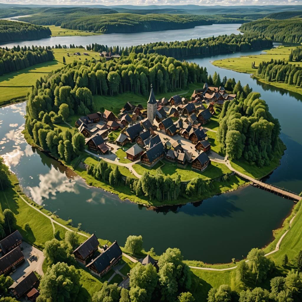 Picturesque Medieval Village Amidst Lush Landscape