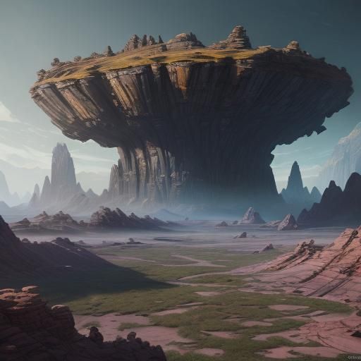 Rocky Alien Landscape with Spaceship in Detailed Matte Paint...