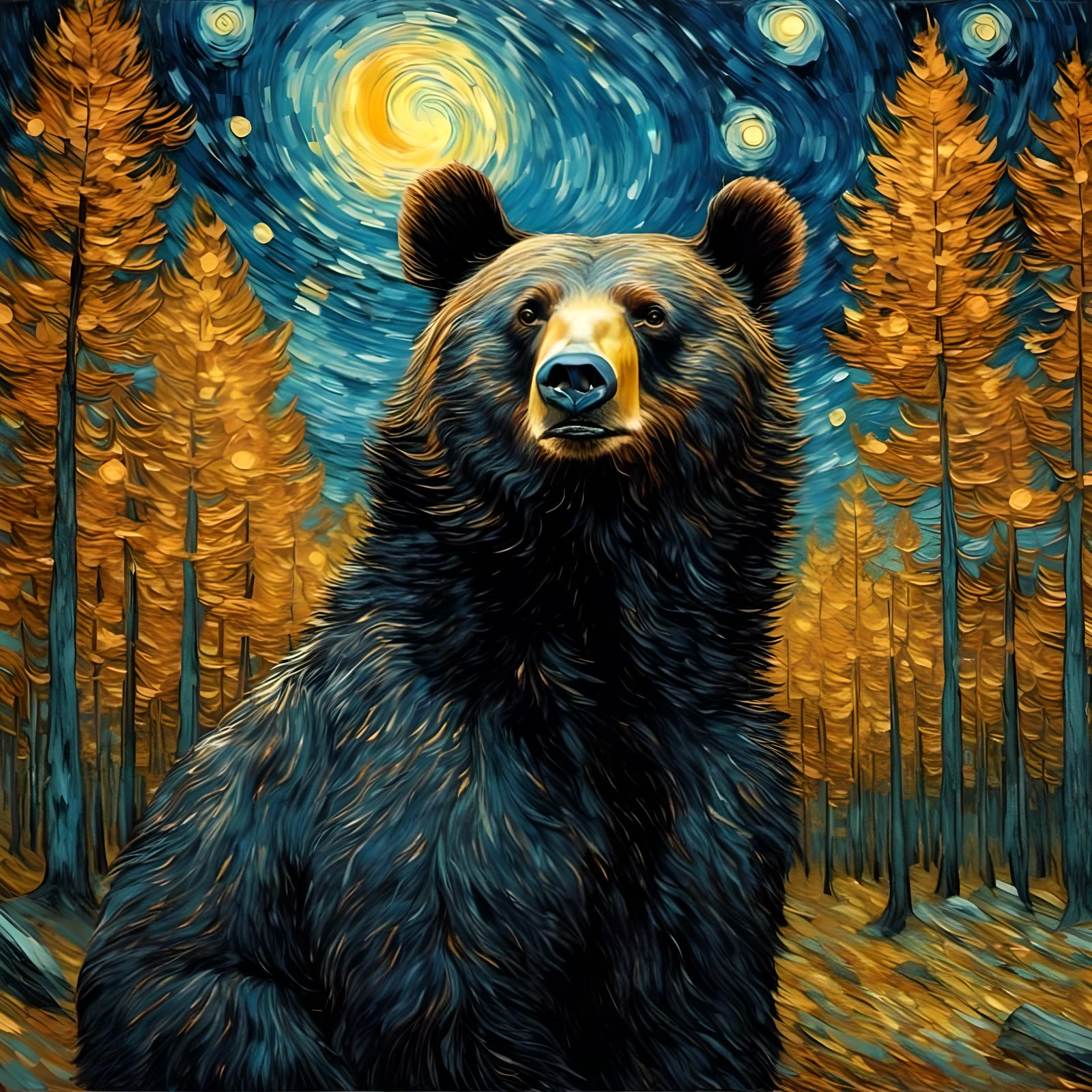 a black bear in a starry night pine forest by van gogh