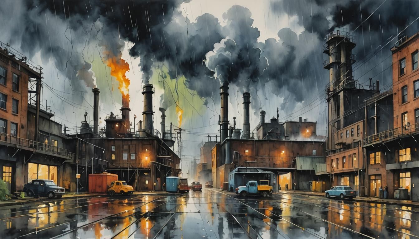 Electrifying Industrial Scene in Watercolor