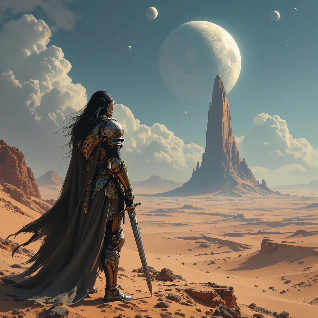Female Knight on Alien Cliff Overlooking Colossal Structure