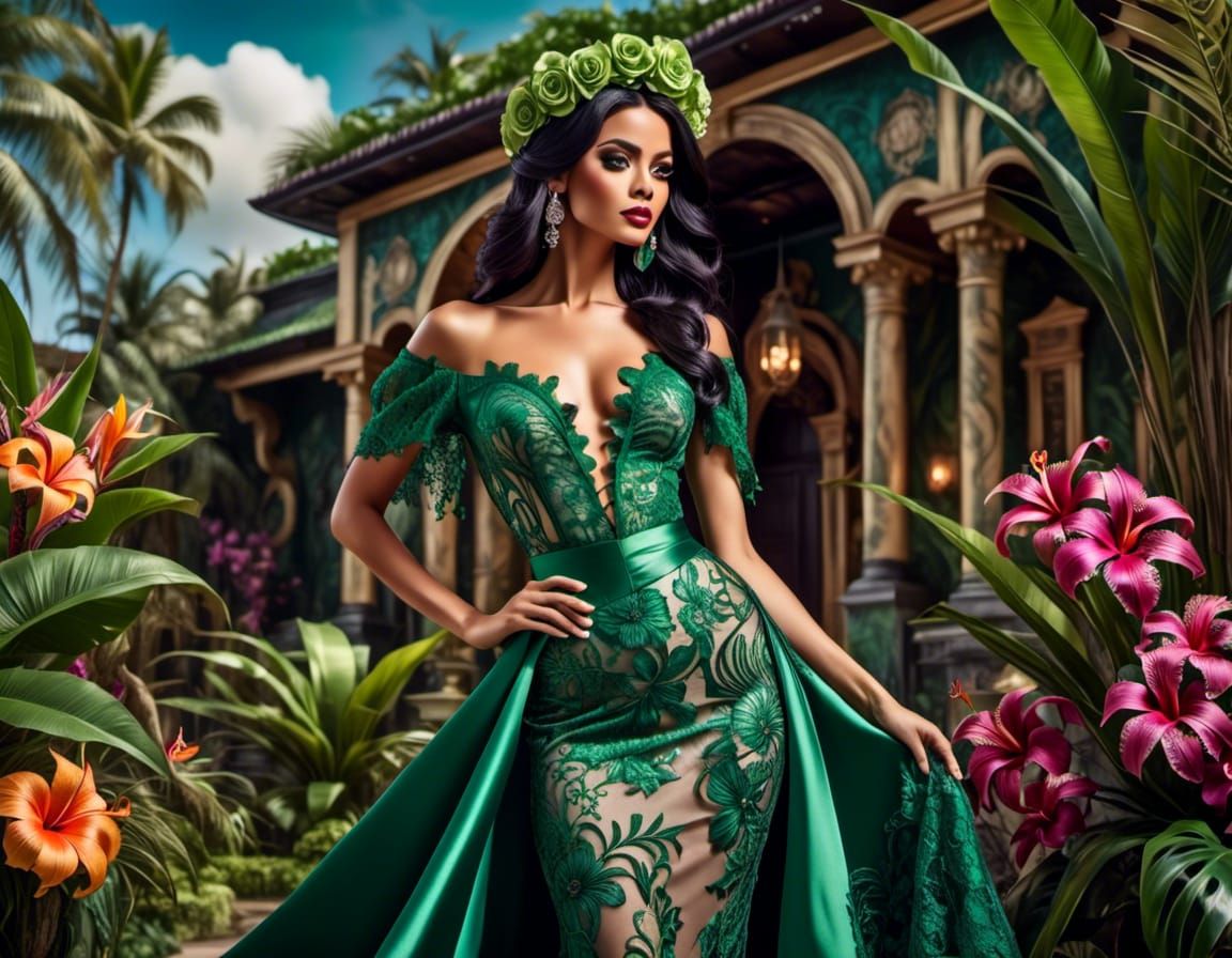 tropical green lace gown