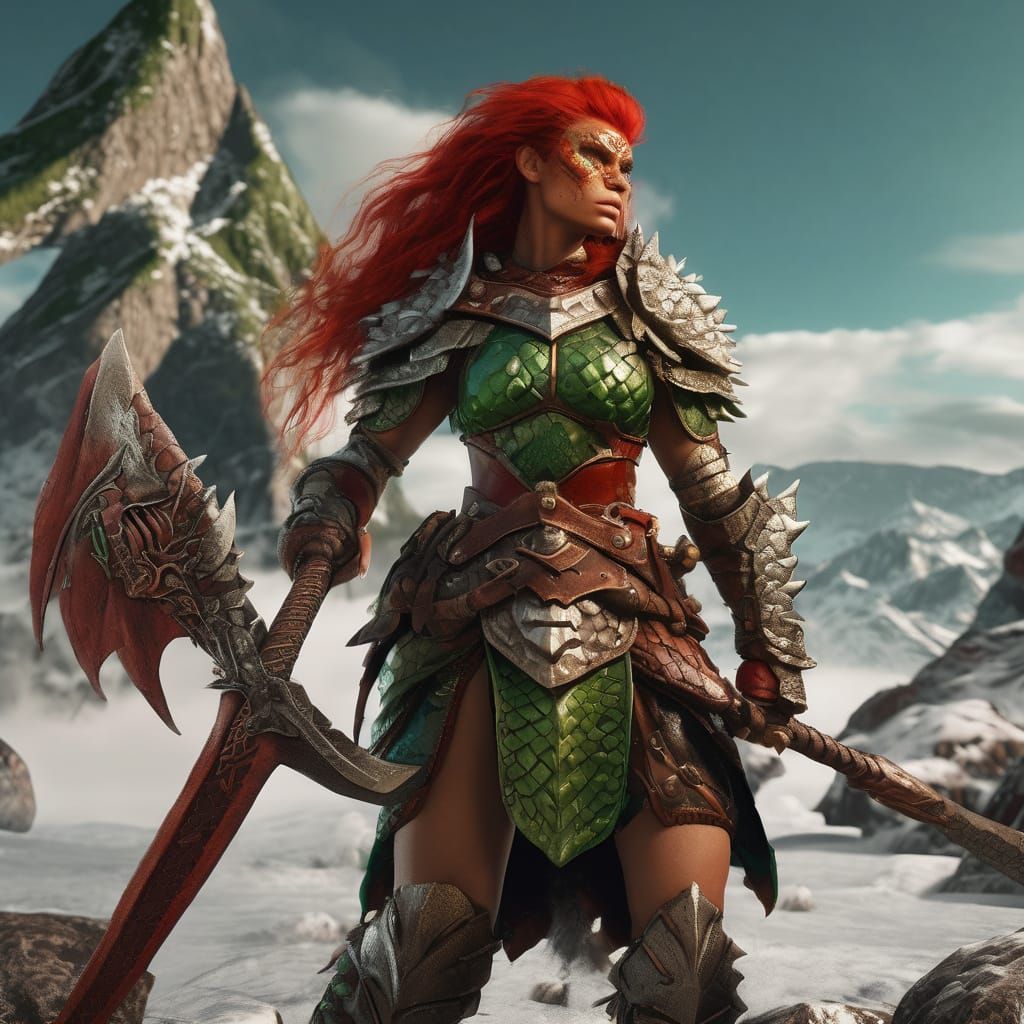 Female Dragonborn Barbarian in Epic Fantasy Concept Art