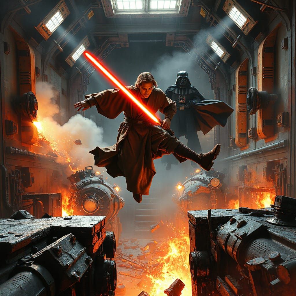 Jedi Knight Battles Darth Vader in Fiery Engine Room