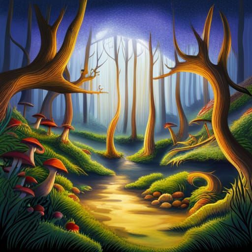 Enchanted Forest with Sunlight, Squirrels and Monkeys