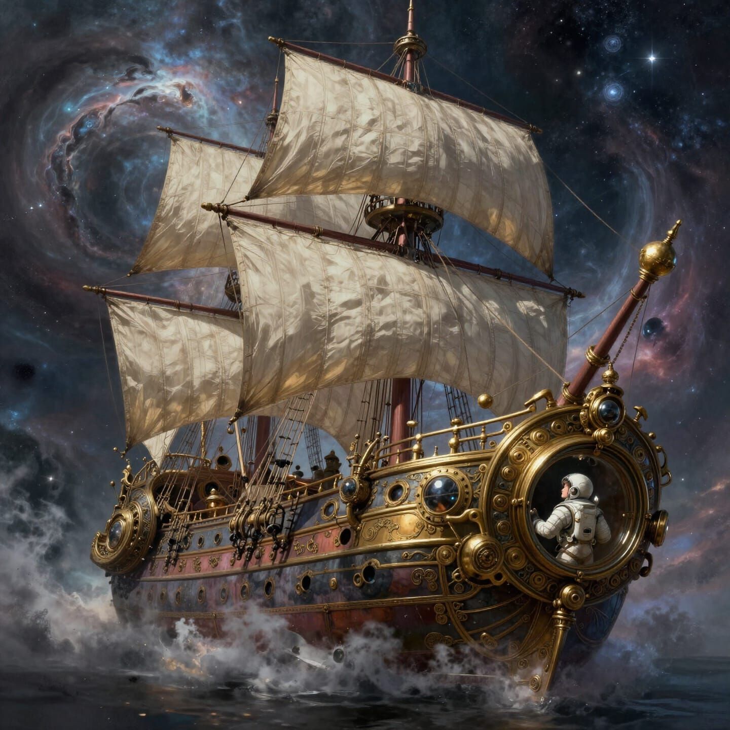 A majestic steampunk sailing ship with intricate brass plating and billowing canvas sails navigates through a swirling n...