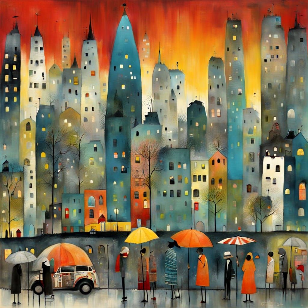 Tribal Primitive City Scene in Naive Style