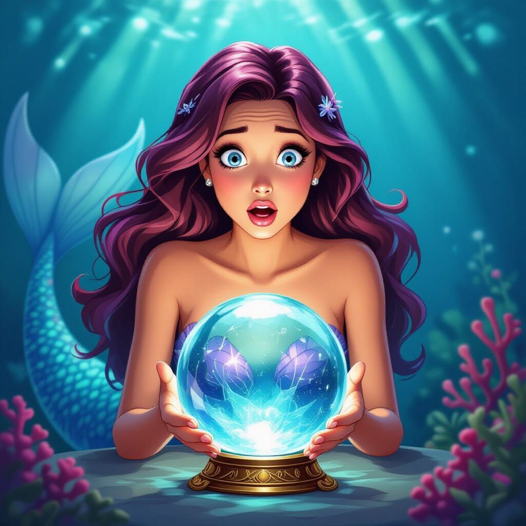 Surprised Mermaid Gazing into Crystal Ball