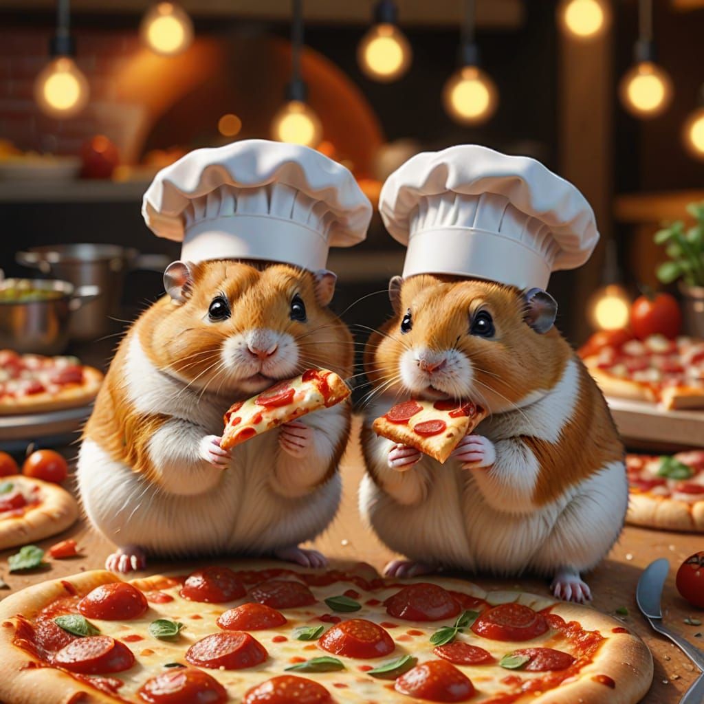 Adorable Hamsters Savoring a Slice of Pizza in a Cozy Kitche...