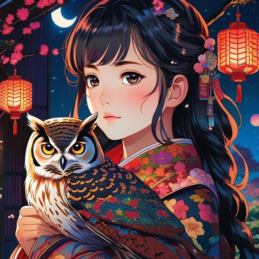 Girl and Owl Portrait in Anime Style