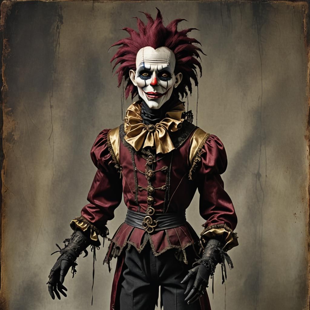 Eerie Male Marionette in Jester Costume, Hyperrealistic