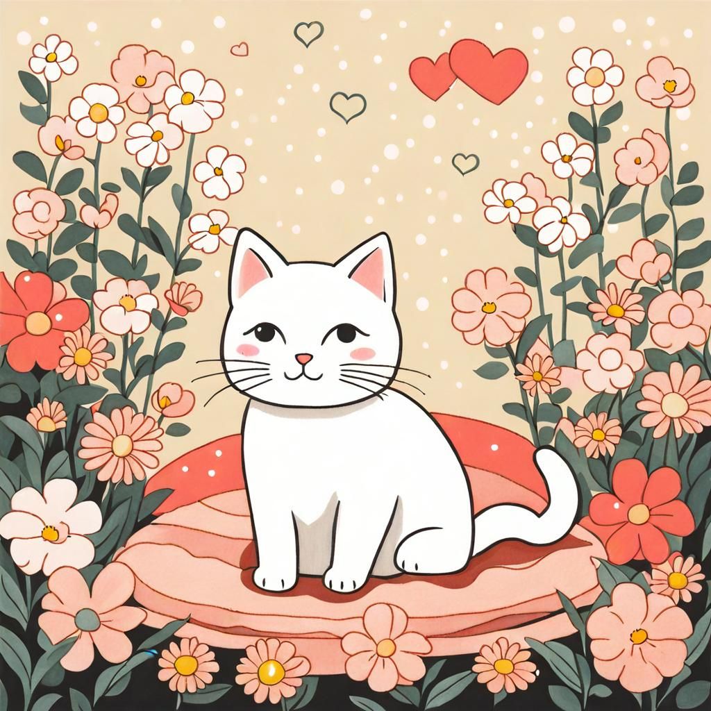 Cute Cat Surrounded by Flowers in Pop Surrealism Style