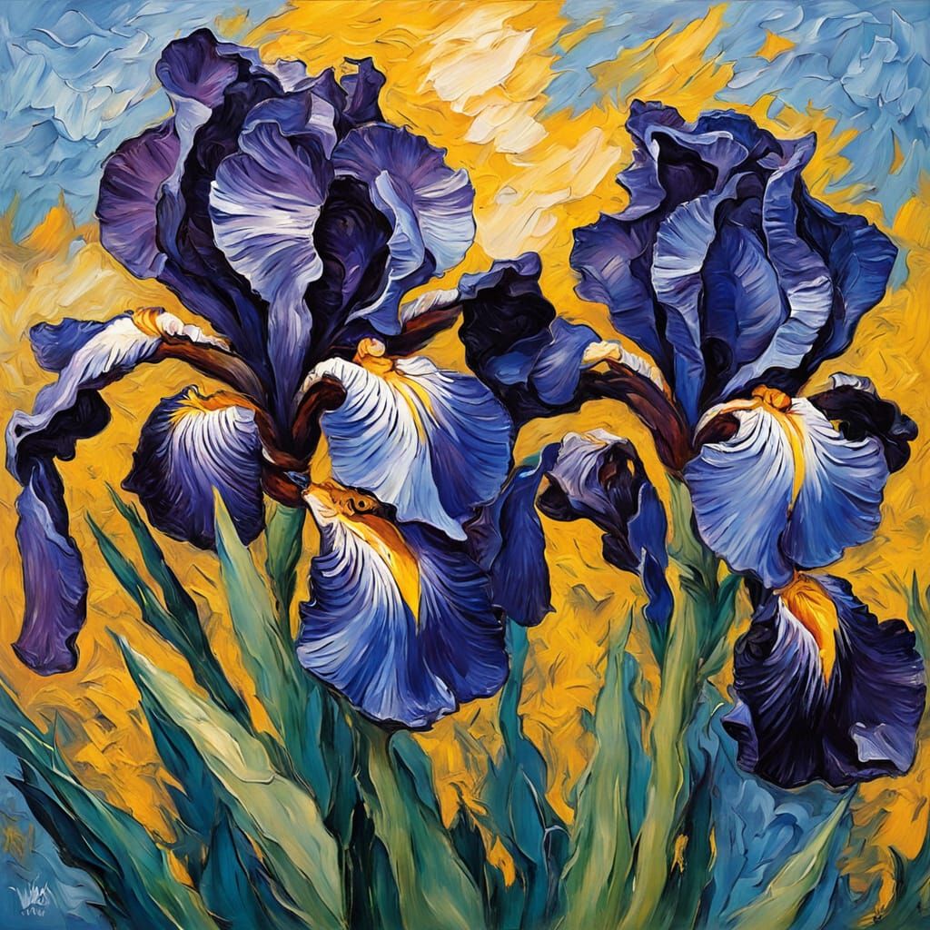 Vibrant Iris Flowers in Impasto Oil Painting Style