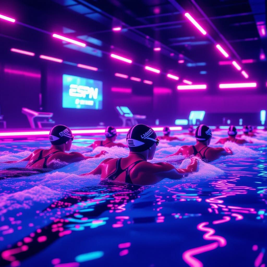 Futuristic AI Swim Team in Neon Lit Pool