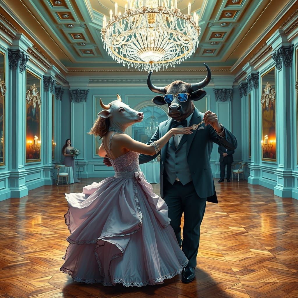Elegant Ballroom Dance with a Cow and Bull in Exquisite Gown...