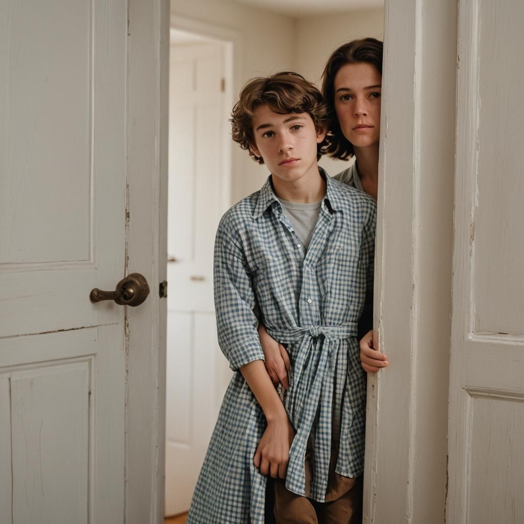 Boy in Gingham Dress Hiding in Living Room
