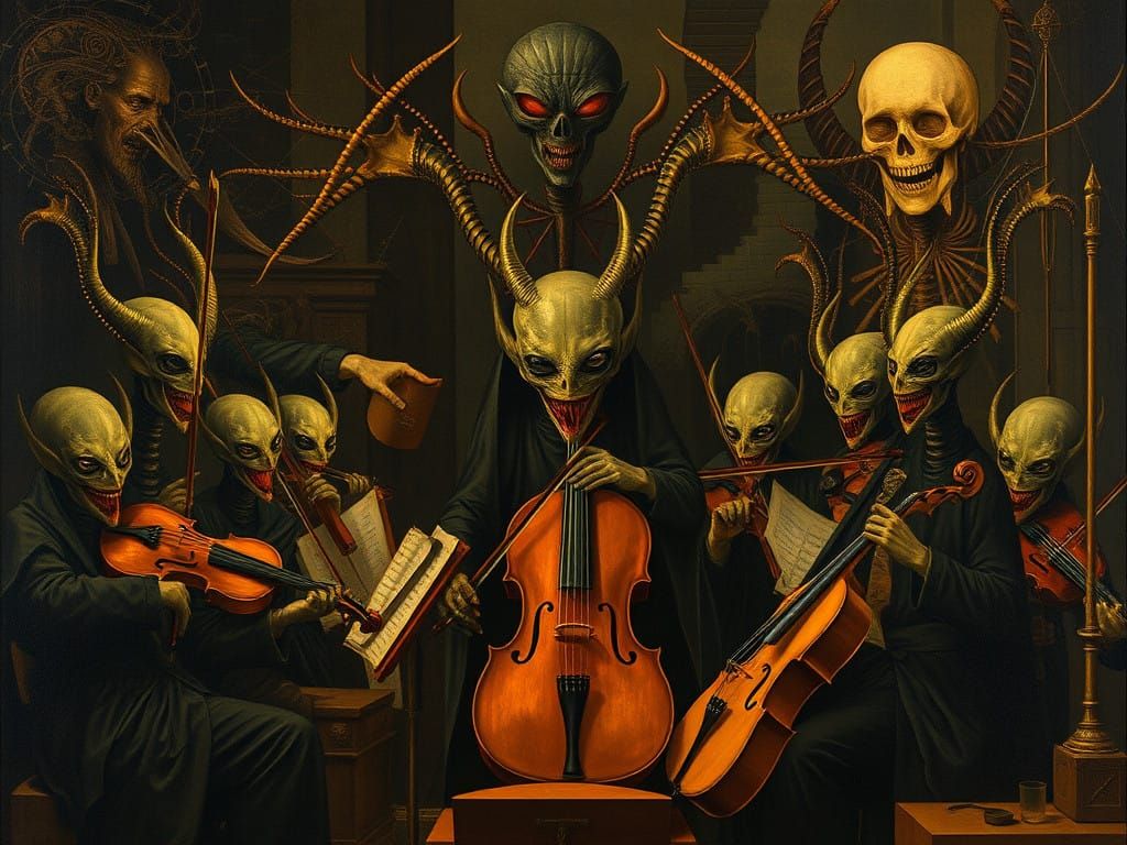 Surreal Jan van Eyck-Inspired Alien Orchestra in Hellish Alt...