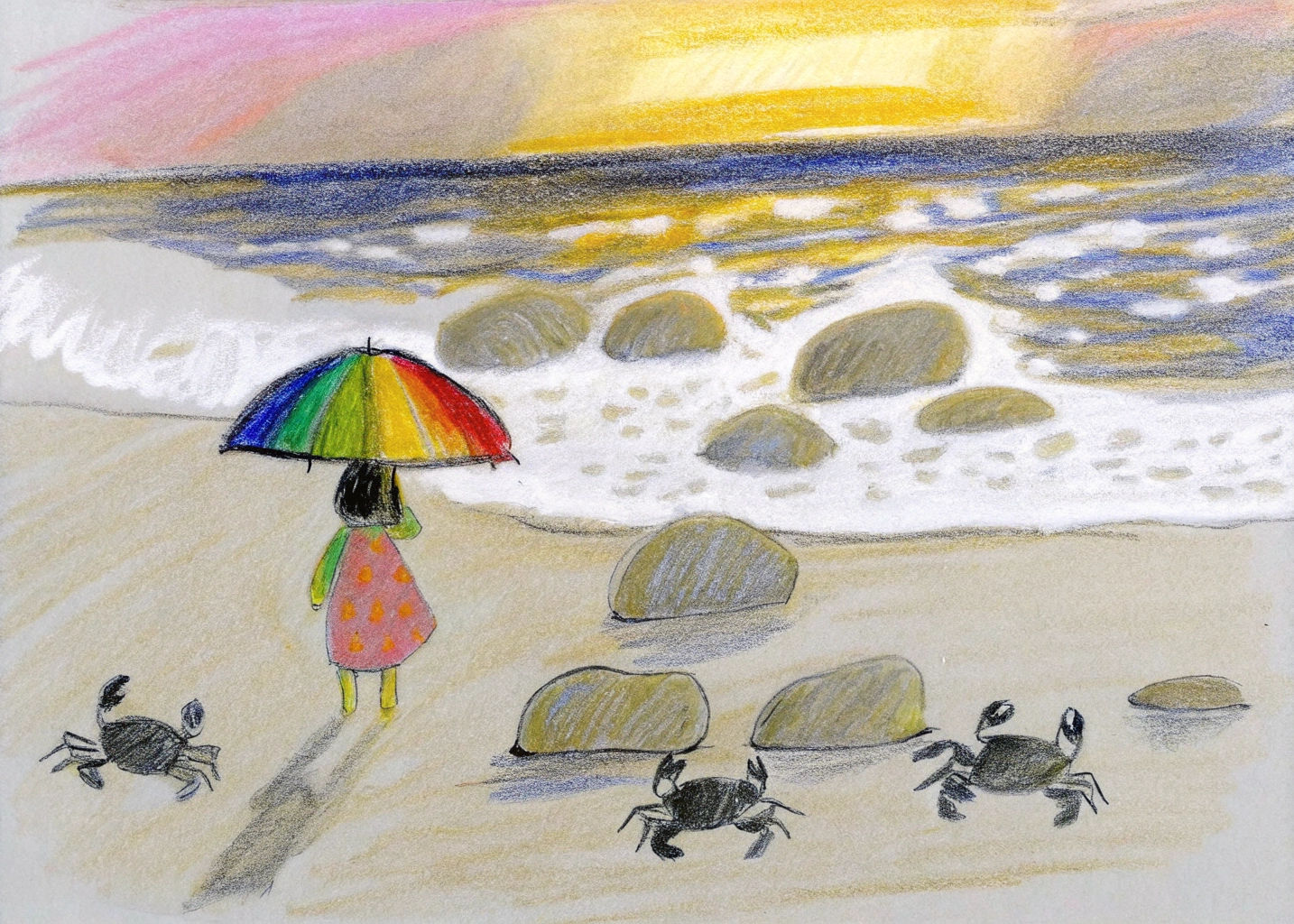 Girl with Rainbow Umbrella on Sunset Beach