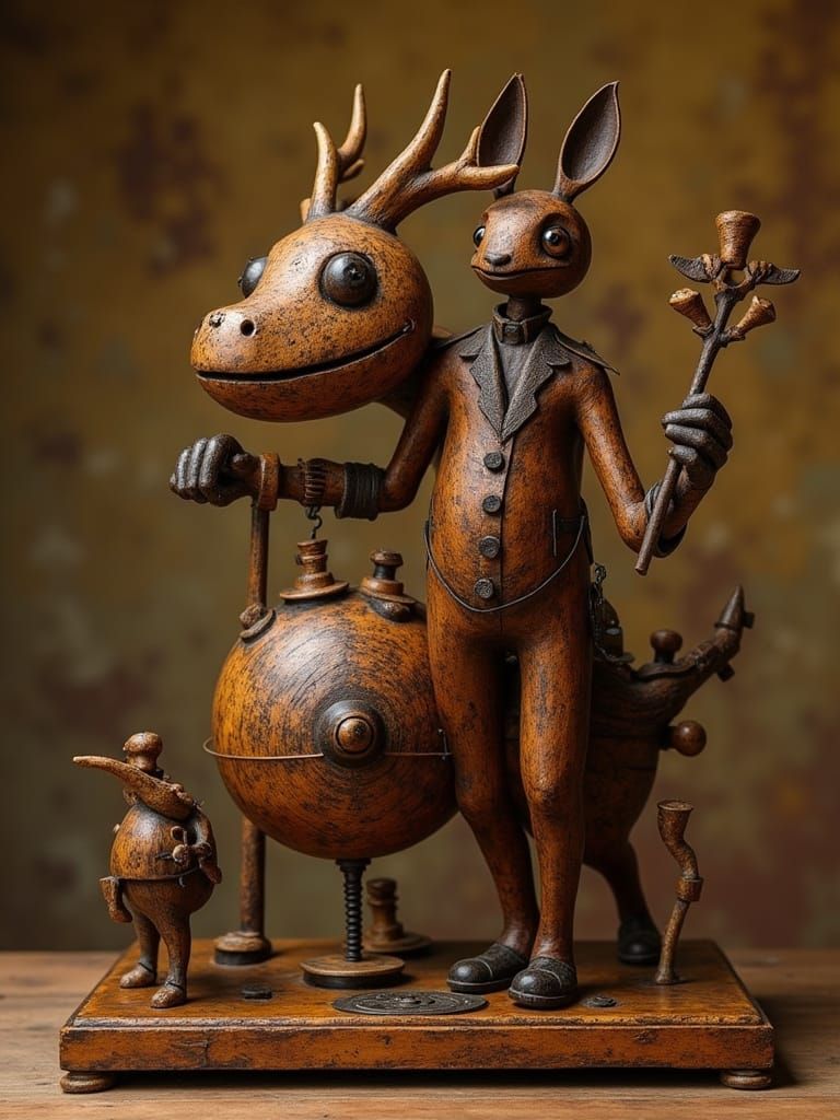Figurative Wooden Crank-Driven Automata