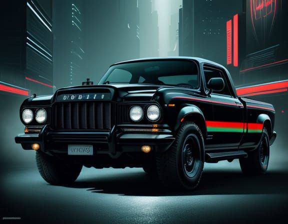 Sleek Black Lorry in Neon Cityscape, Cyberpunk Art