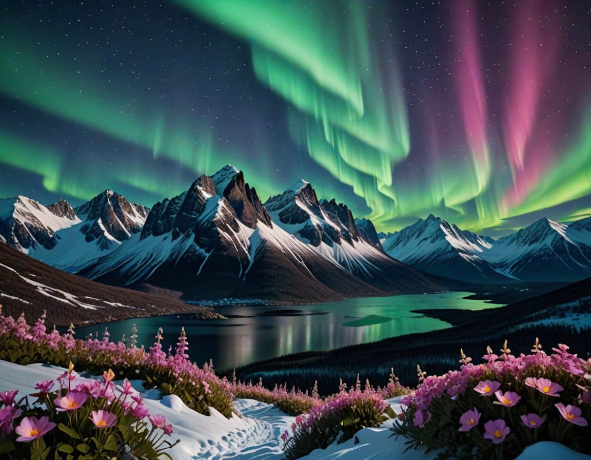 Glowing Aurora Borealis Flowers Above Snowy Mountains