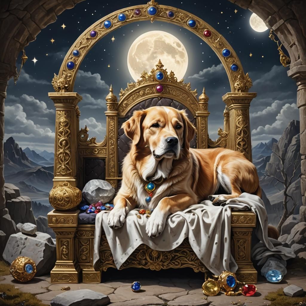 Dog Sleeping on Gem-Encrusted Throne Under Full Moon
