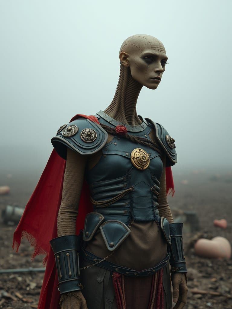 Melancholic Sentinel on Foggy Battlefield as Dry Pastel Art