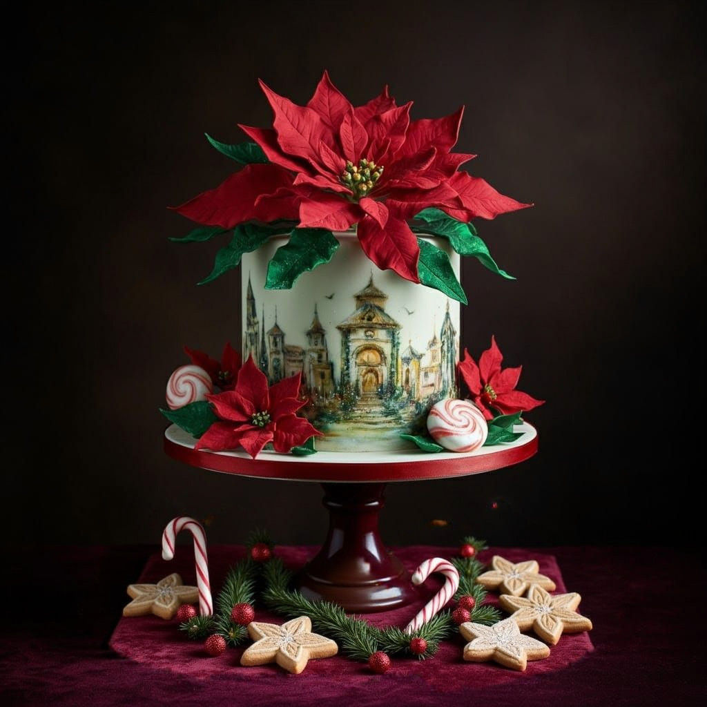 Whimsical Poinsettia Cake Masterpiece in Vibrant Colors