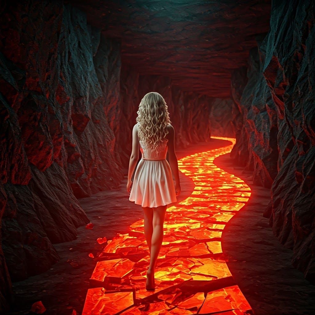Elegant Woman Walks Through Fiery Glass Path in Dark Undergr...