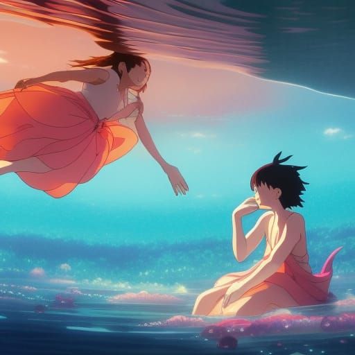 Strawberry Ocean Merfolk in Anime Style