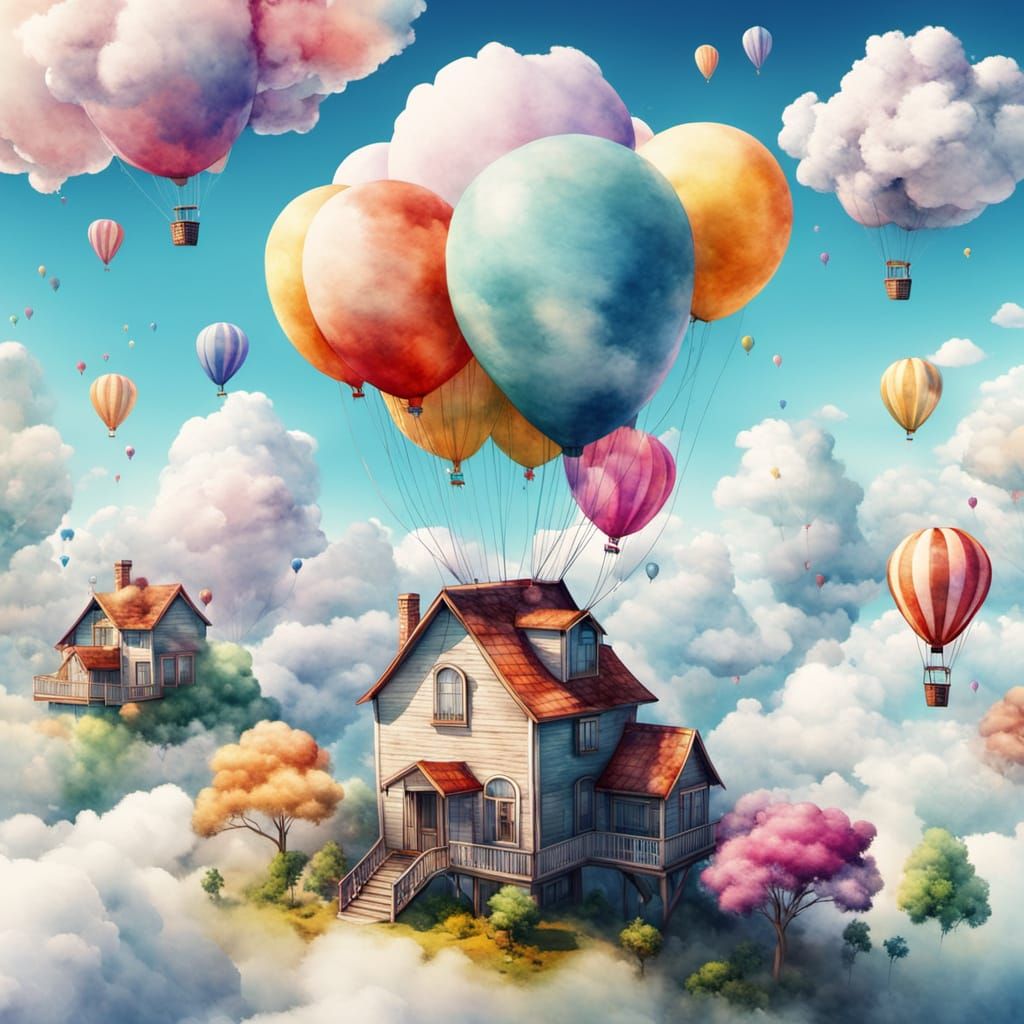 House Floats to Clouds on Balloons in Watercolor Style