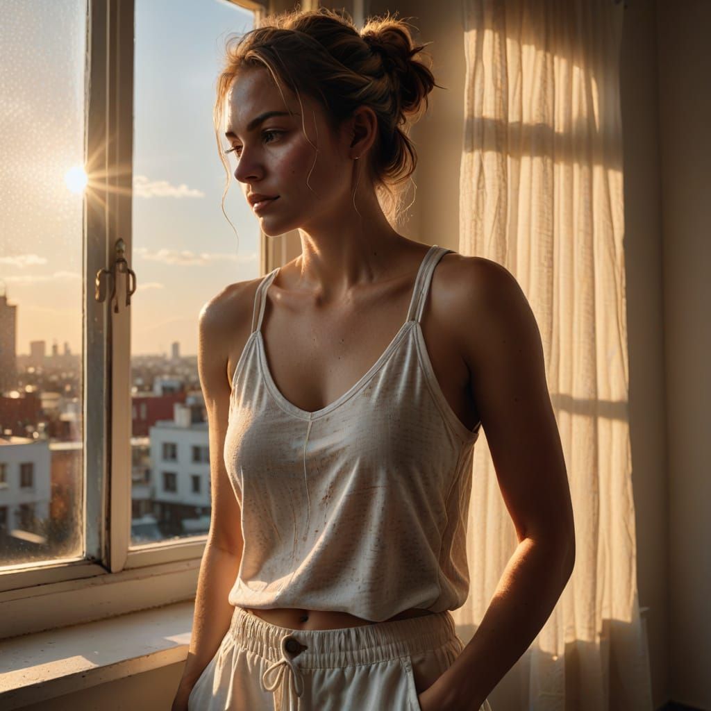 Beautiful Woman in Soft Warm Light, Chiaroscuro Effect