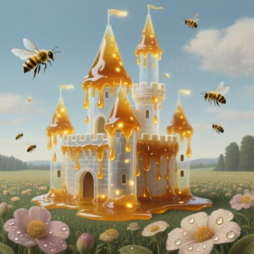 Transparent Honey Castle with Liquid Light Bees and Giant Fl...