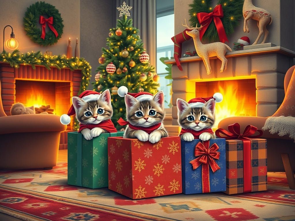 Kittens in Whimsical Christmas Wonderland