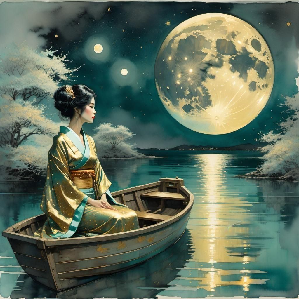 Mournful Woman in Rowboat: Digital Watercolor Illustration