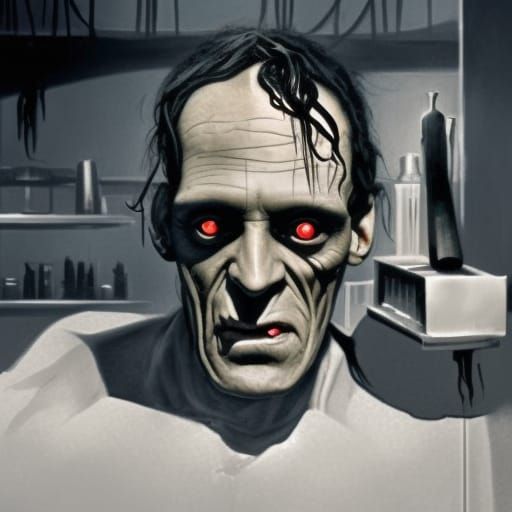 Sinister Frankenstein in Laboratory, Golden Age Illustration