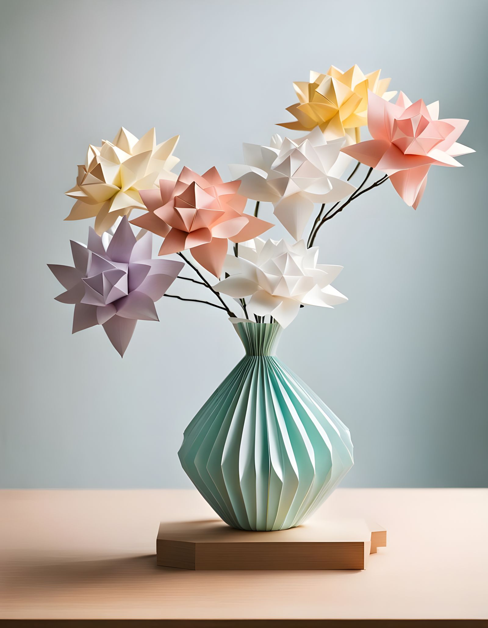 Japanese Origami Flower Vase and Bouquet