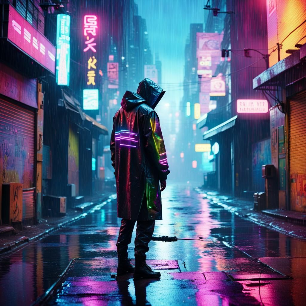 Cyberpunk Figure Receives Signal in Dystopian Alley