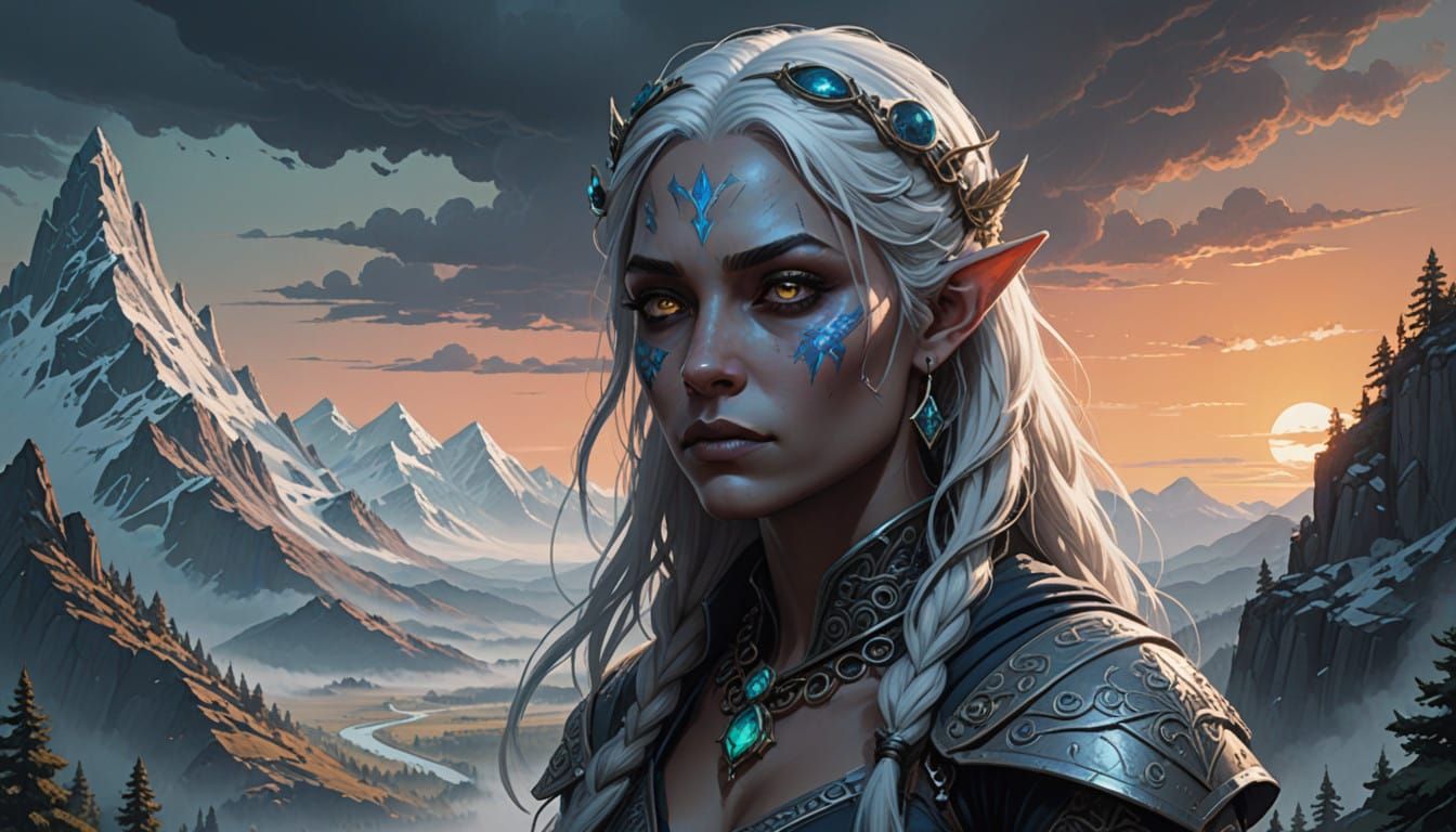 Sapphire Elven Warrior in Frazetta-Inspired Landscape