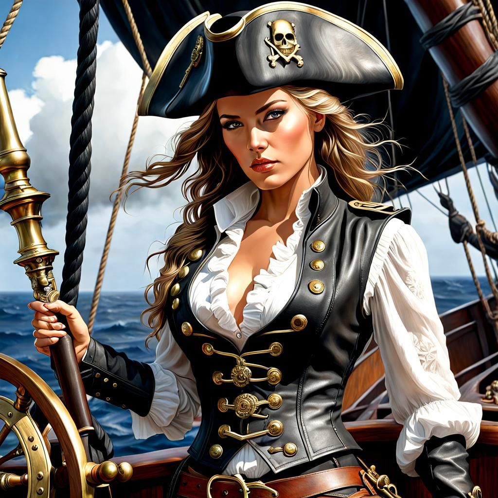 Female Pirate on Sailing Ship in Digital Baroque Style