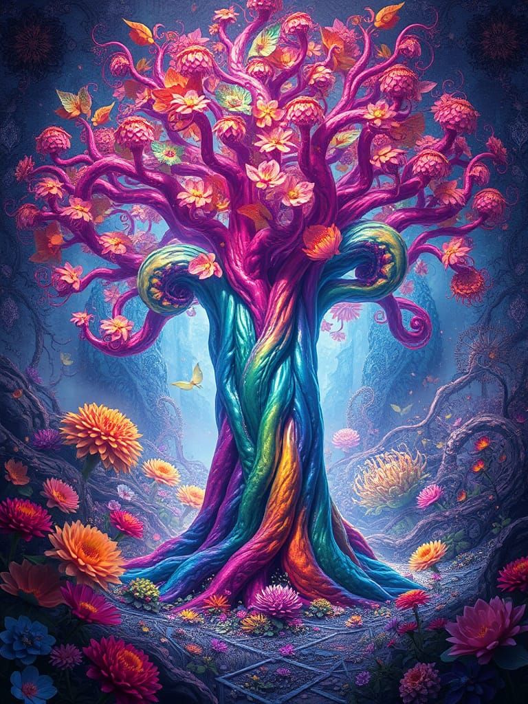 Mystical Rainbow Tree in Fantastical Realm, 3D Art