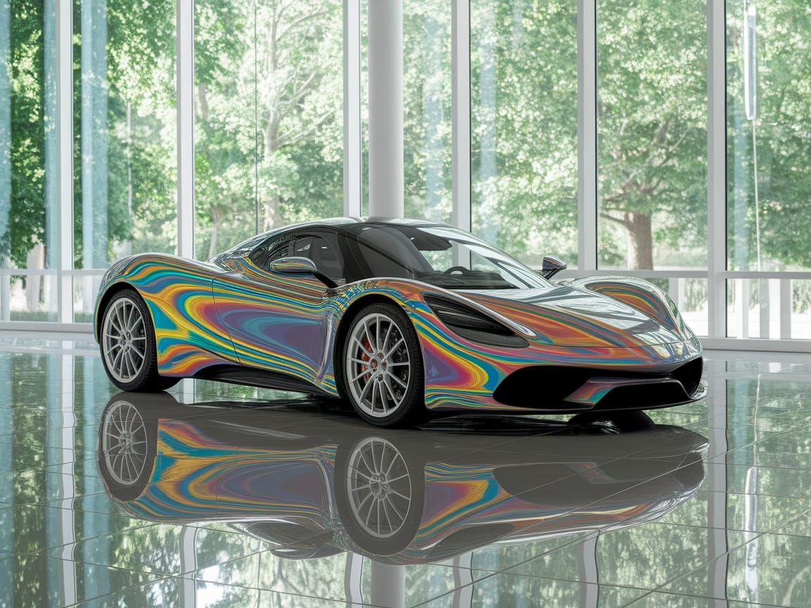 Futuristic Sports Car in a Modern Showroom