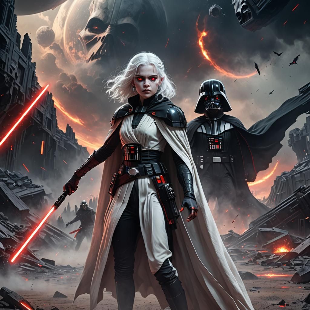 Vampire Girl and Darth Vader Training on Destroyed Planets