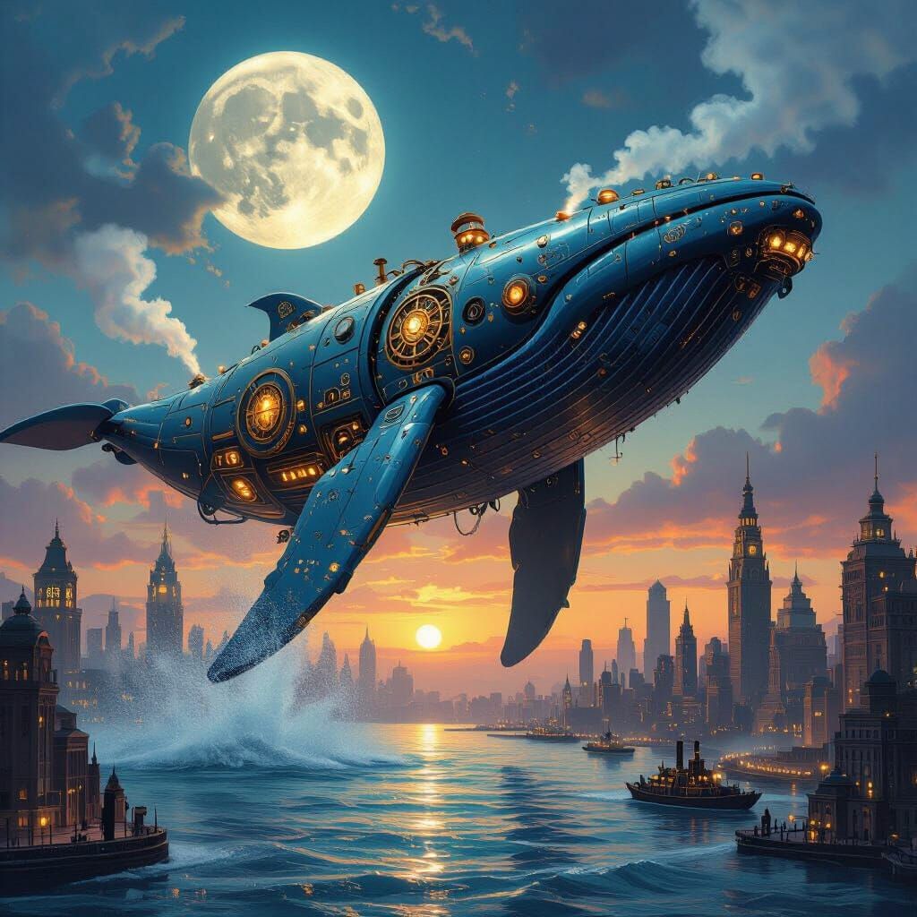 Clockwork Whale Breaching in Steampunk Cityscape