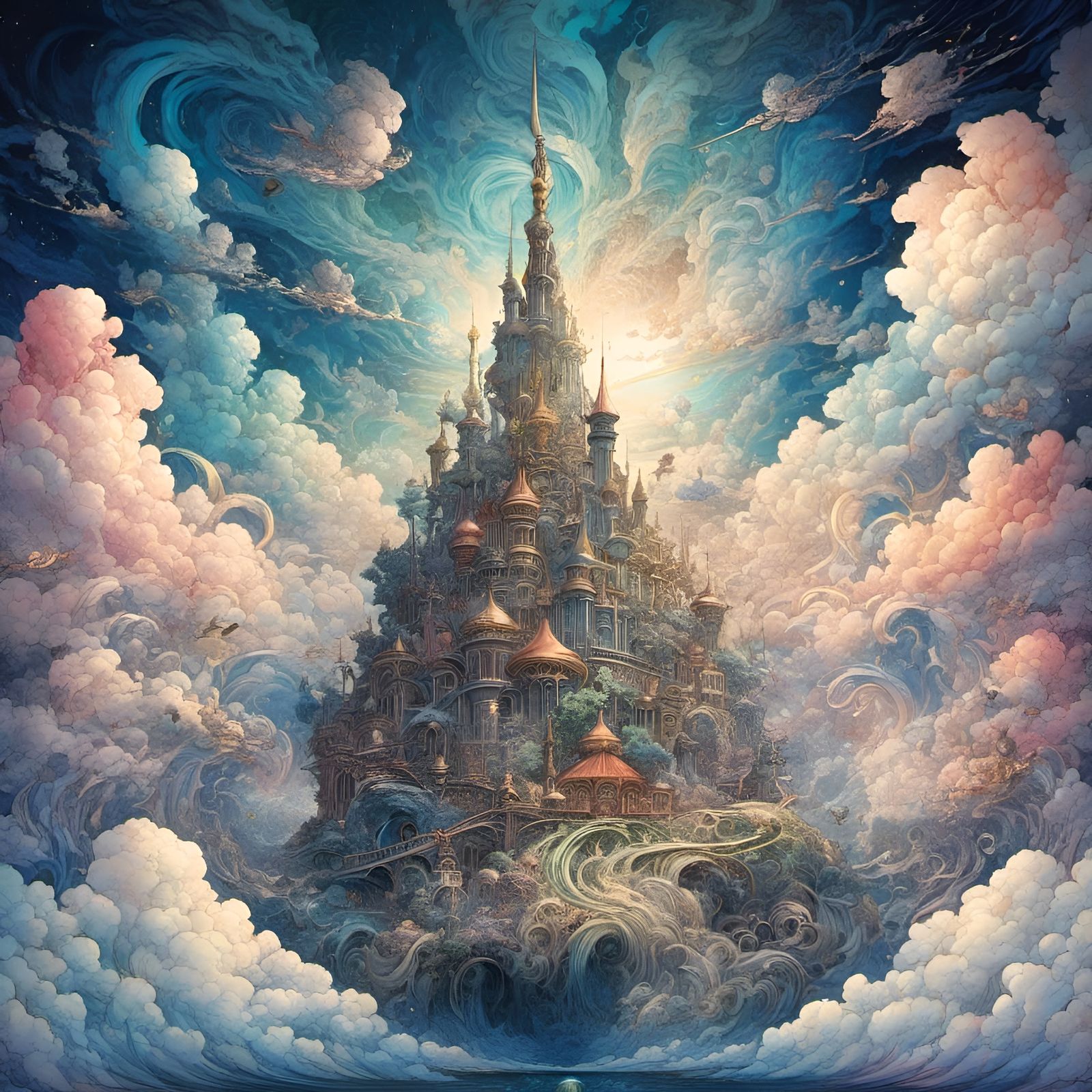 Whimsical Rabbit Cityscape Under Blue Sky