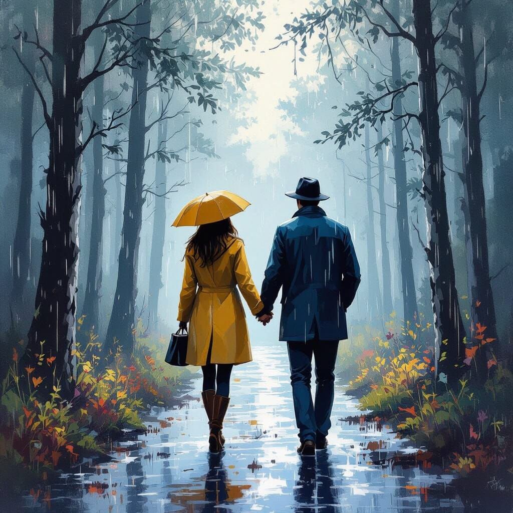 Couple in Misty Forest as Realist Painting